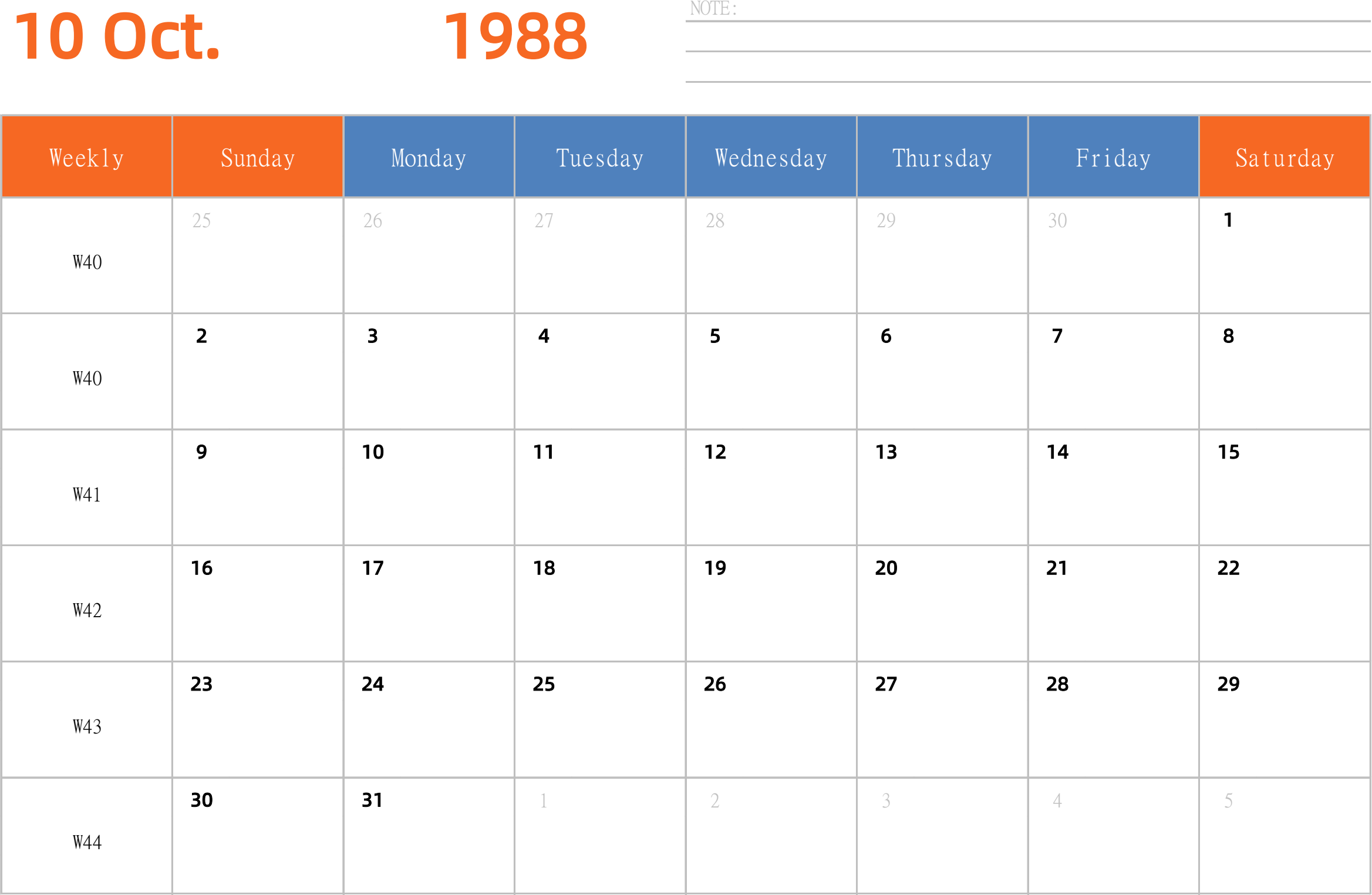 日历表1988年日历 英文版 横向排版 周日开始 带周数